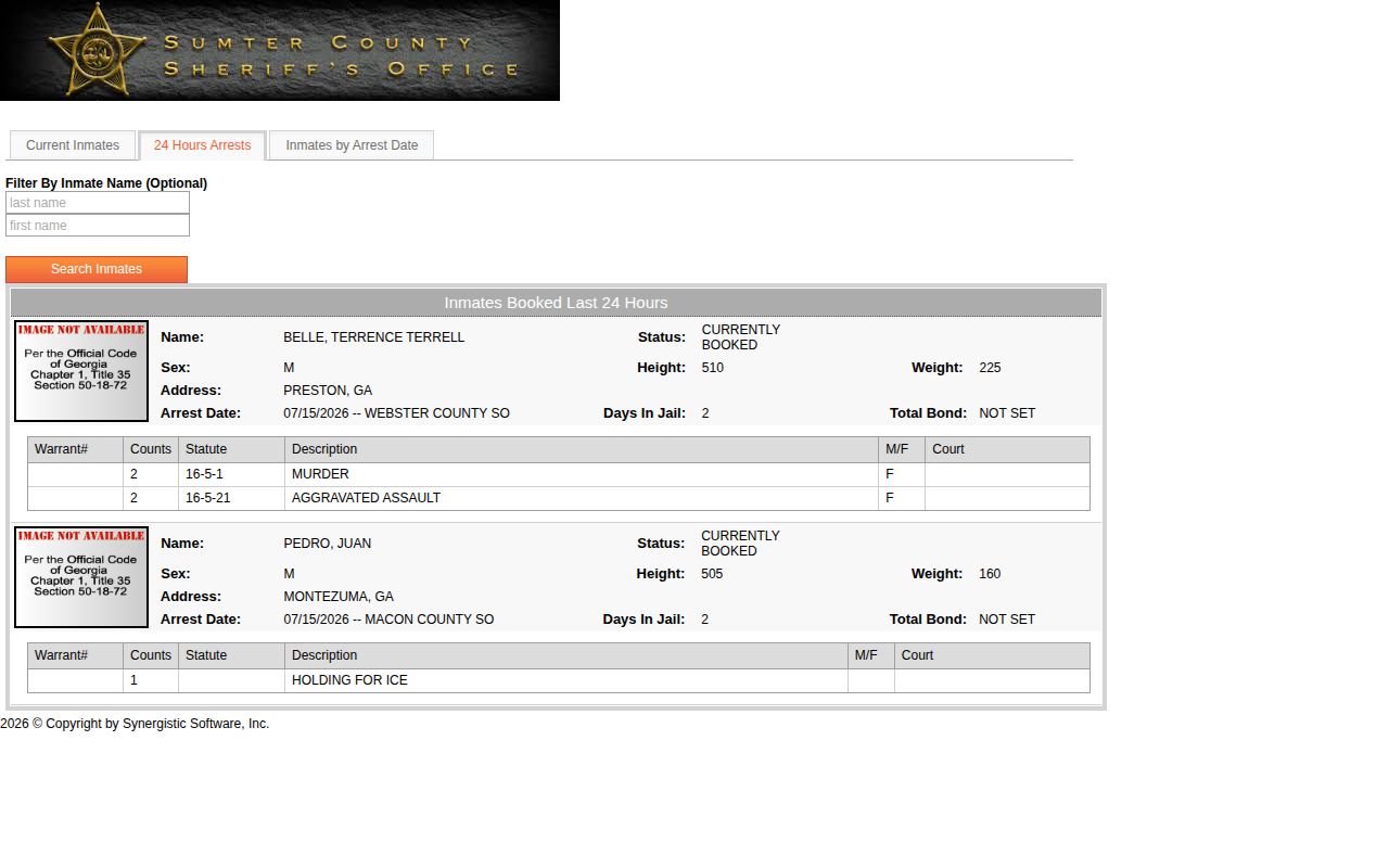 Sumter roster 24-hour booking view used for Webster County release status checks