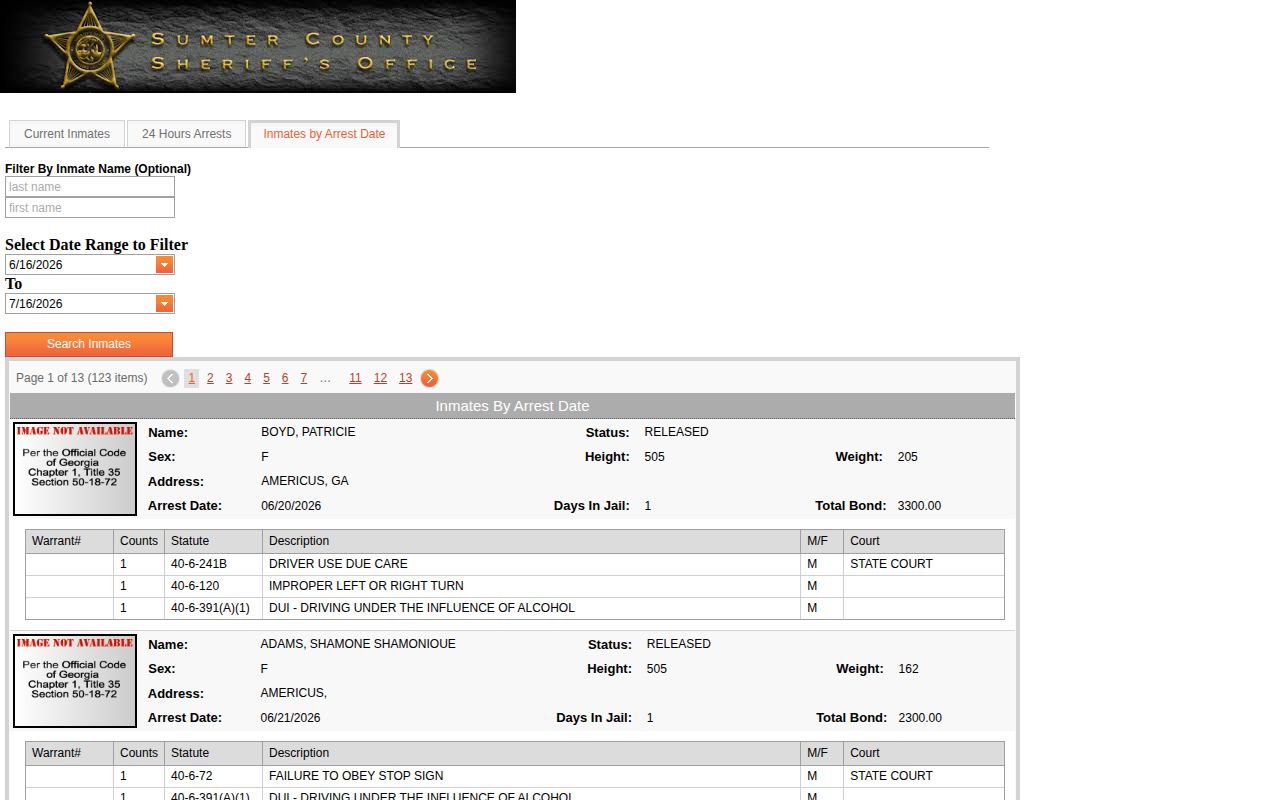Sumter arrest-date view used for Webster County 72-hour release status research