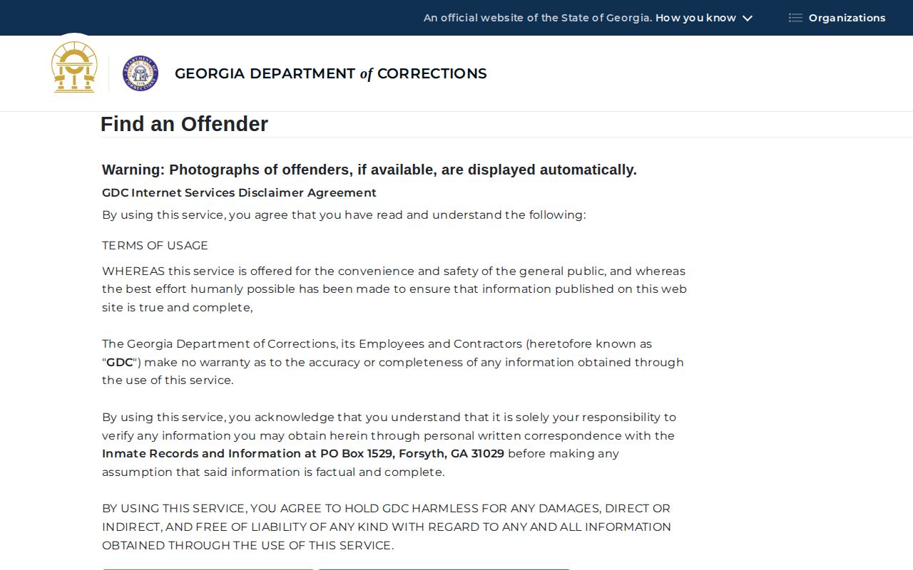 Georgia Department of Corrections offender search and disclaimer