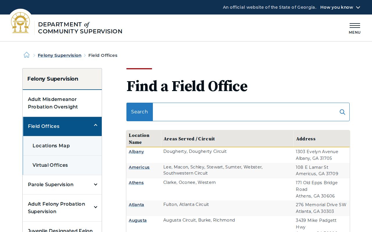 Georgia DCS field-office lookup for Webster County parole and probation supervision
