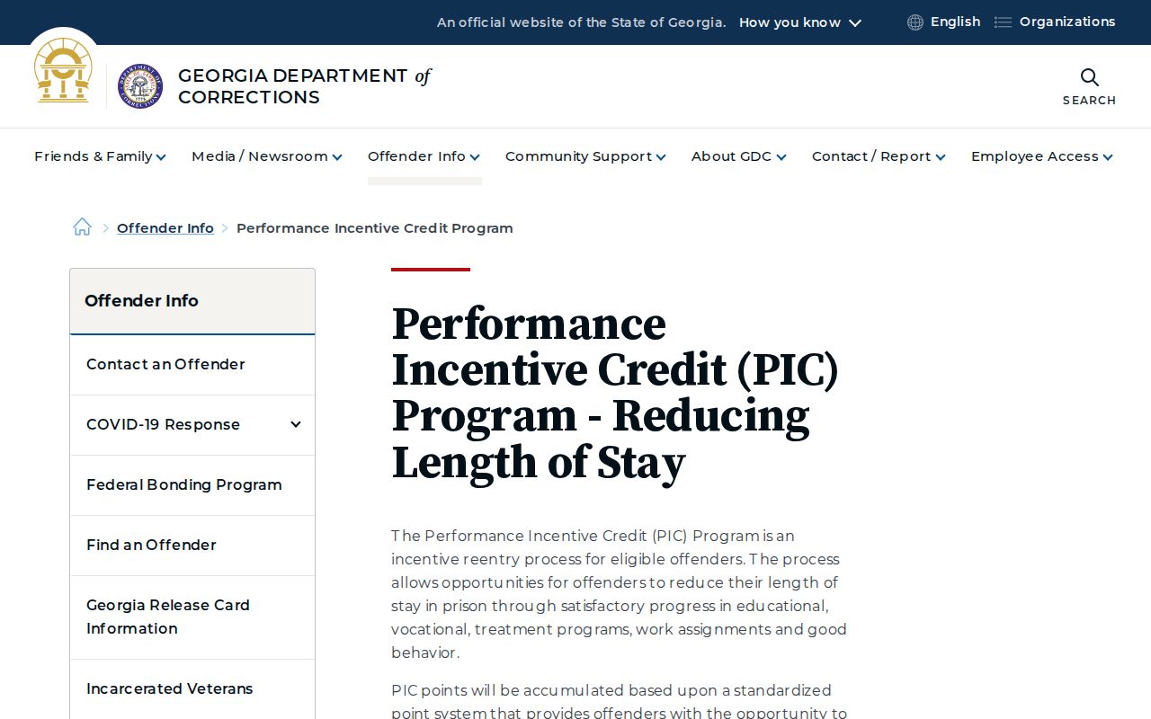 Georgia Department of Corrections Performance Incentive Credit explanation